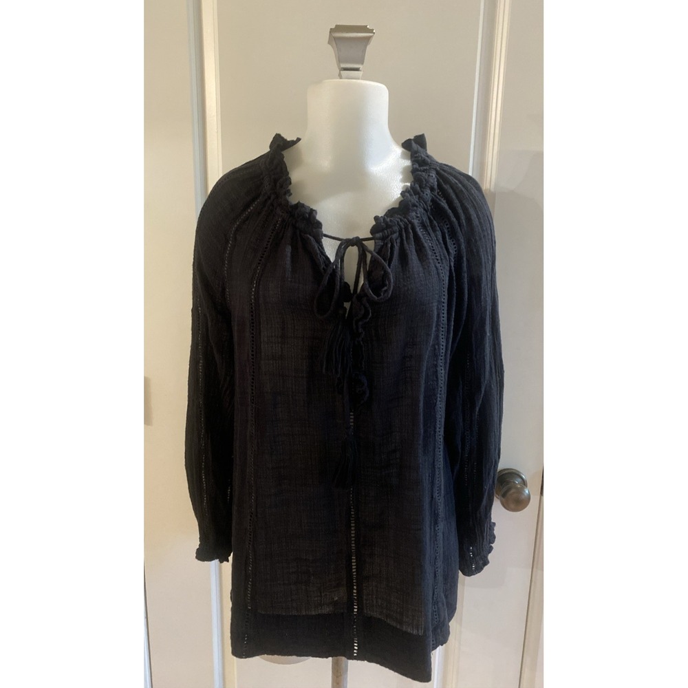 Sundance Top Womens‎ Size M Peasant Tassel Ruffle Blouse Gauze Pullover Black